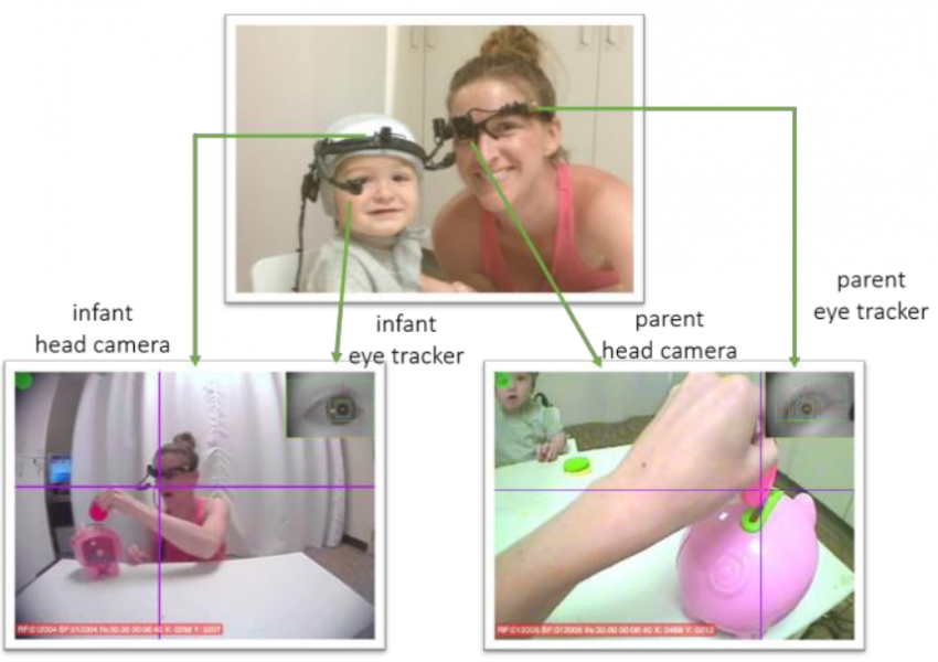 Diagram showing parent and infant eyetrackers on smiling pair with two point of view images with crosshairs where they are looking.