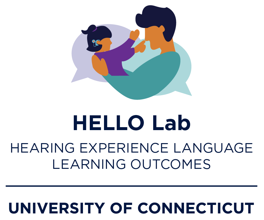 HELLO Lab logo with a parent and child. The child has a cochlear implant.