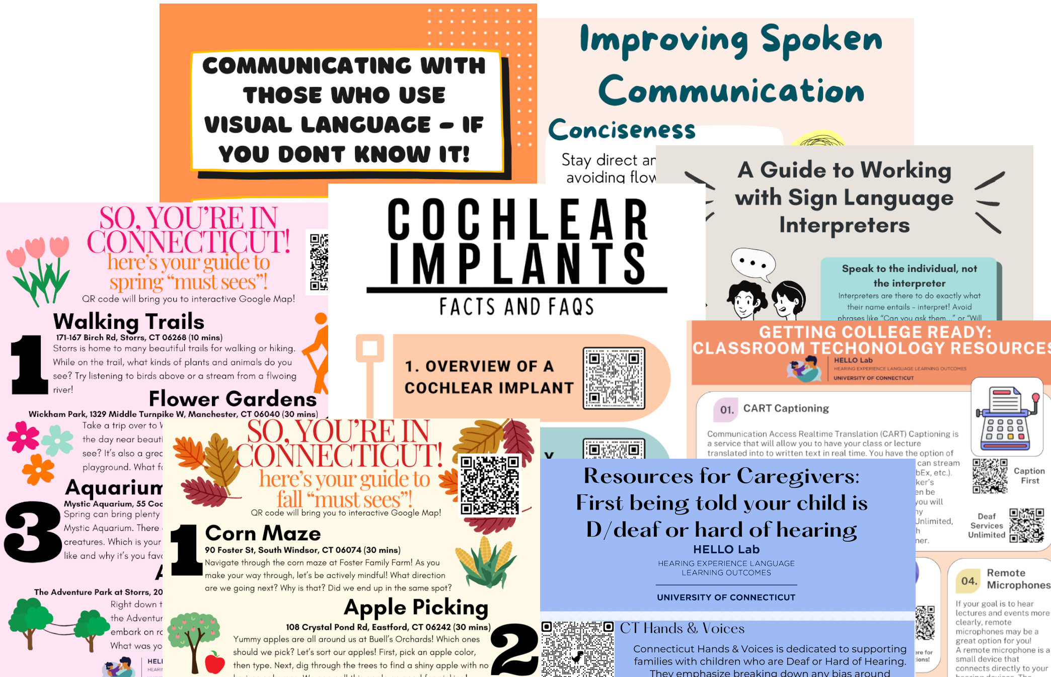 Collage of infographics related to language and hearing.