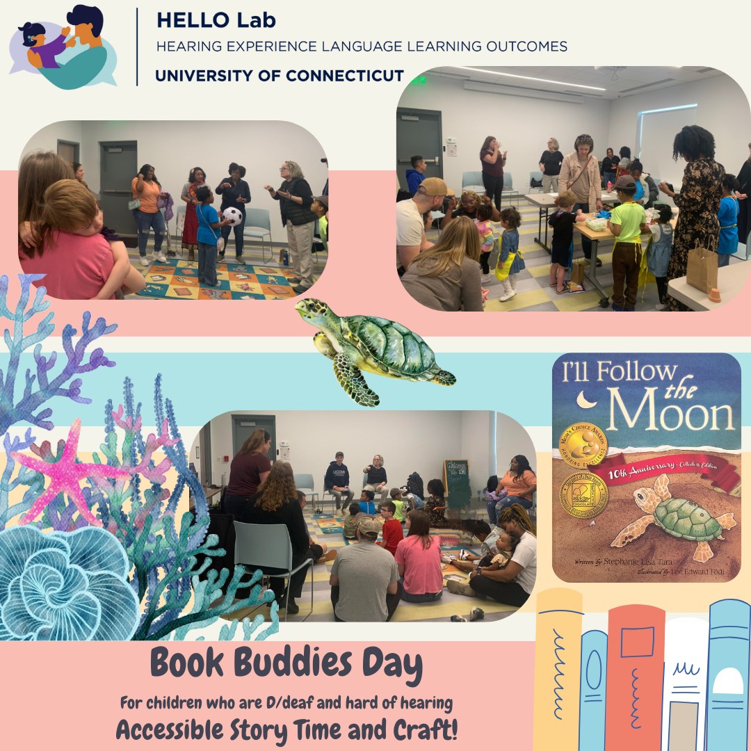 A flyer of families, community partners, and HELLO Lab team engaging with play, book reading, and crafts