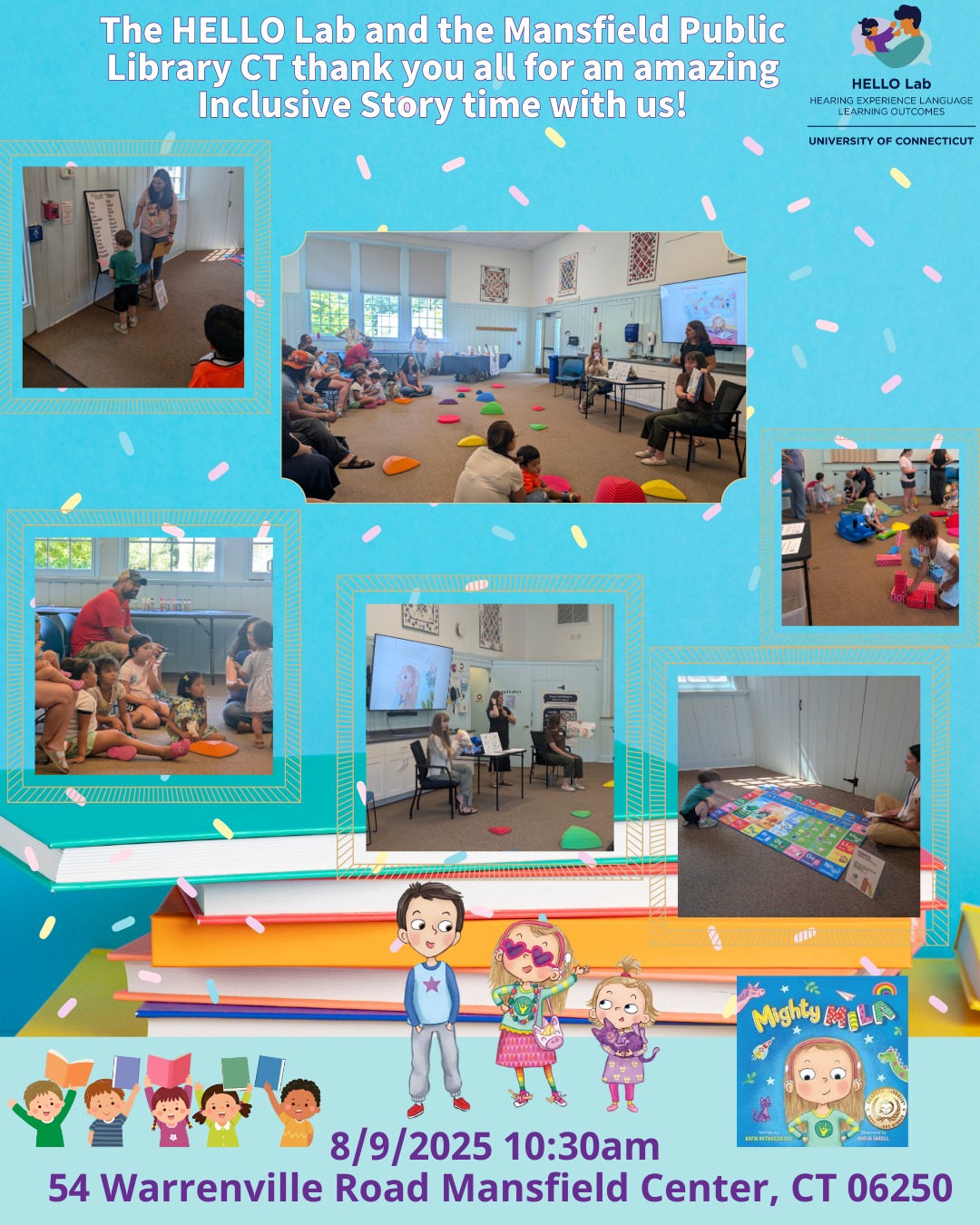 A thank you flyer from the HELLO Lab and the Mansfield Public Library to everyone who attended the Inclusive Story Time event on August 9th 2025